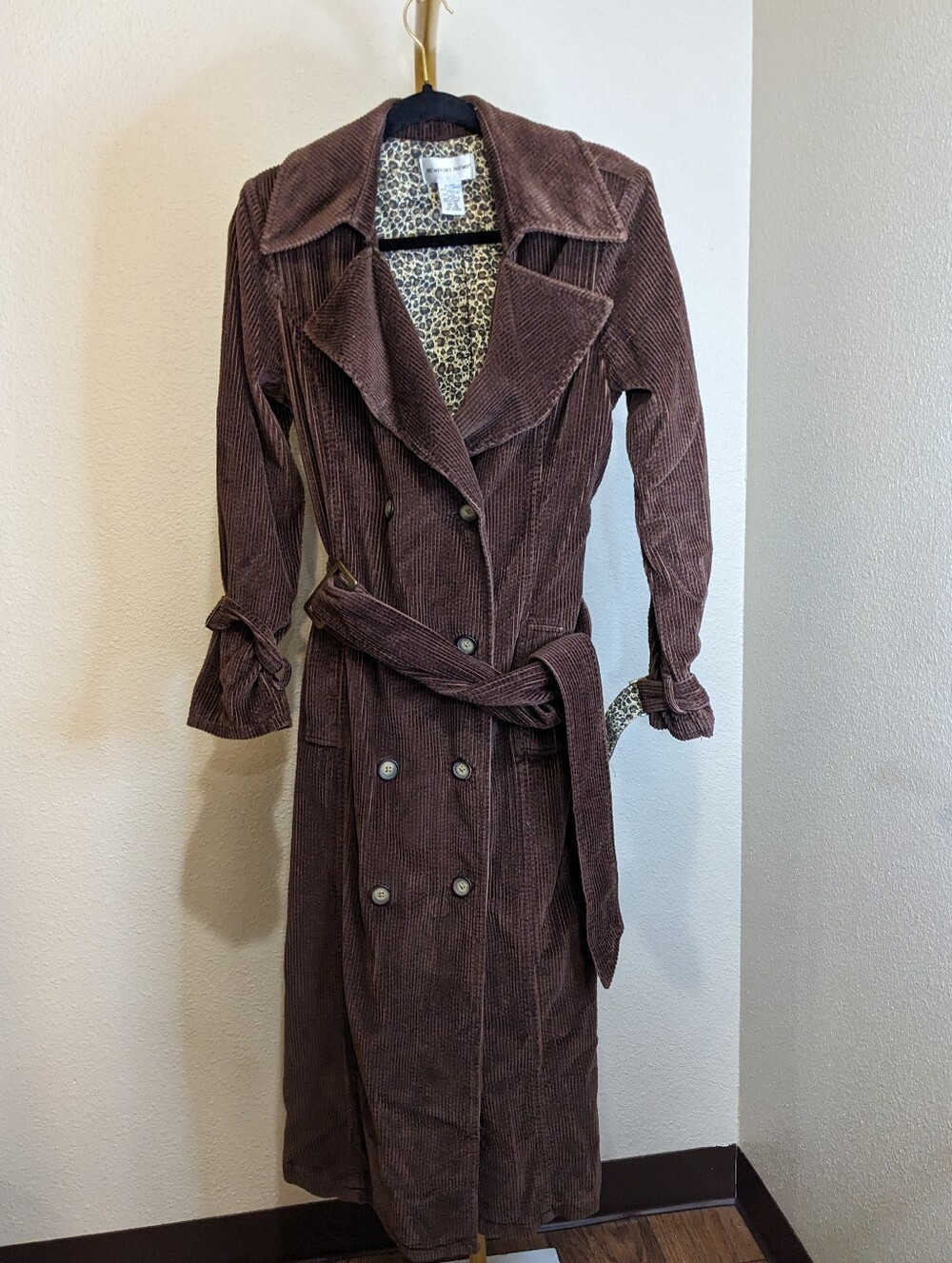 Vintage Newport Corduroy Leopard Lined Belted Trench Coat Jacket VTG